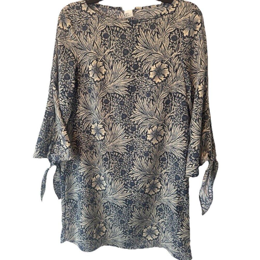 Morris & Co + H & M Blue Cream Floral 3/4 Tie Sleeve Tunic Dress 2 Boho Festival